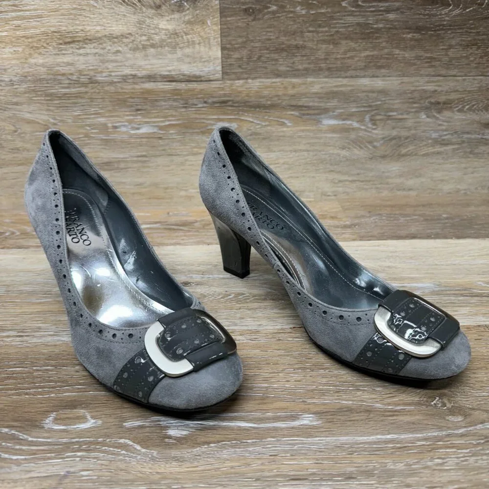 Franco Sarto Gray Suede Silver Buckle Block Heel Women's Size 8.5